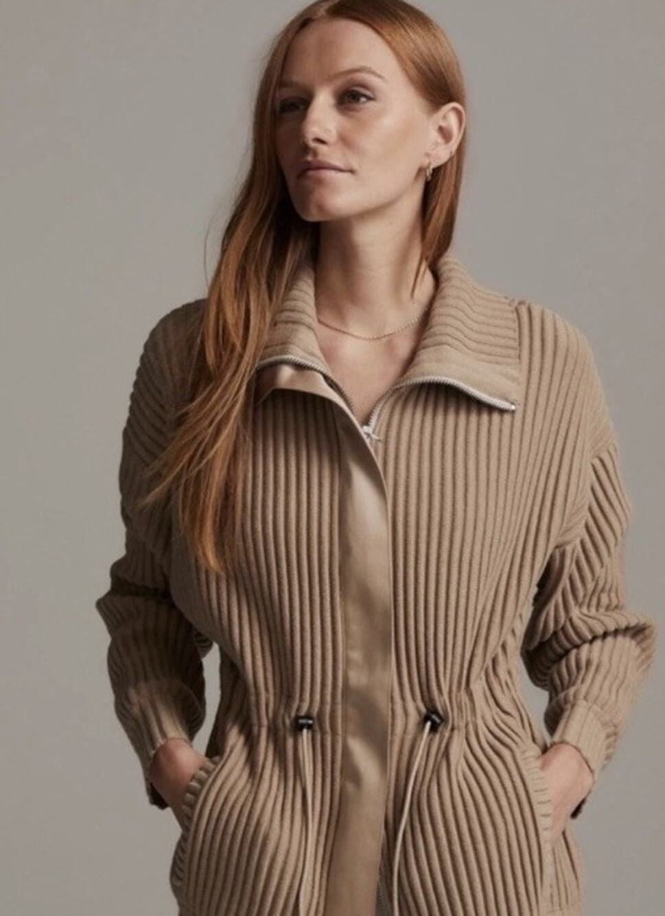 Varley Greenfield Jacket Sweater Taupe Cardigan Size S Drawstring Pockets